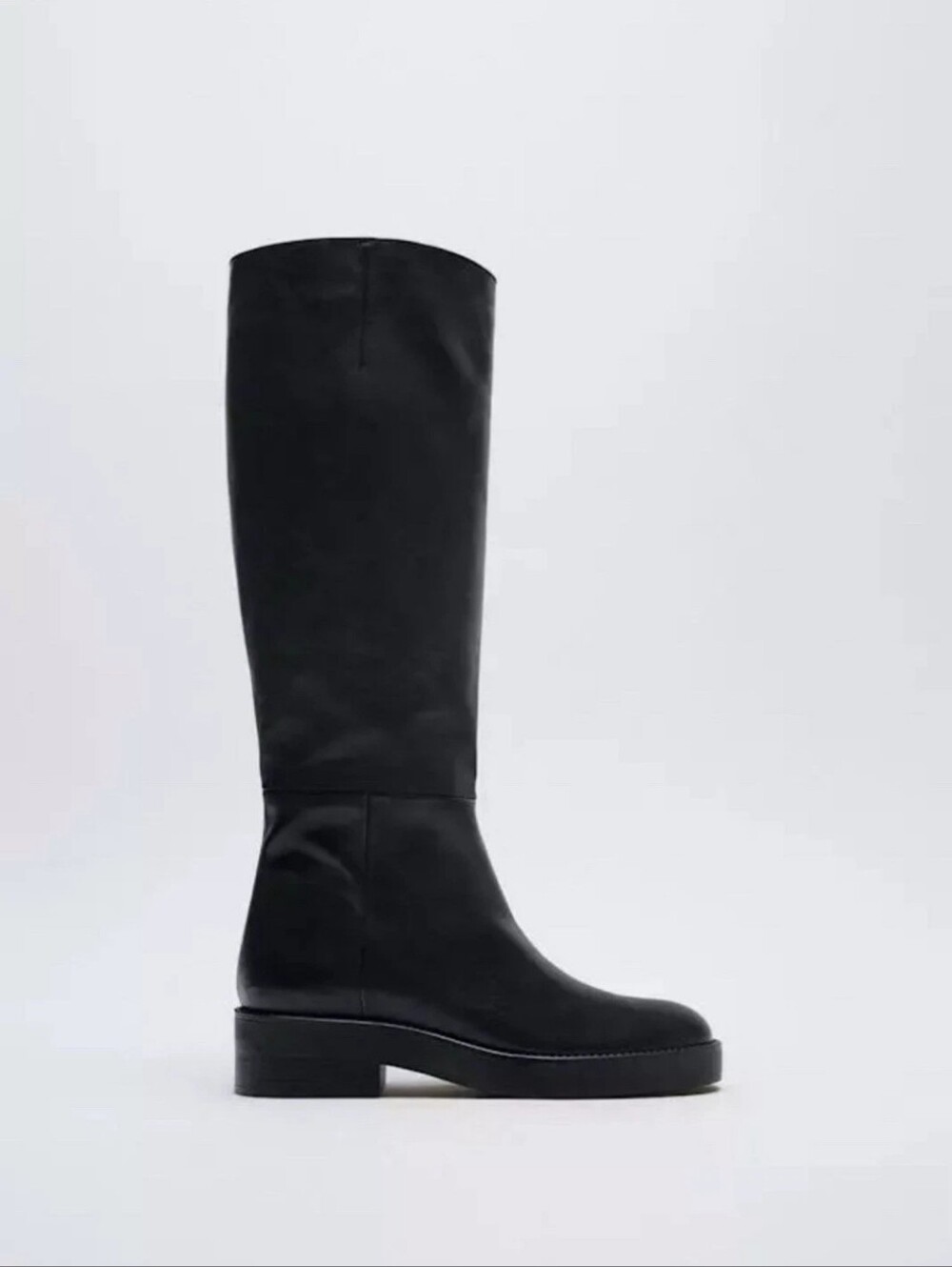 Zara Black Low Heel Leather Pull On Tall Boots EUR 37 Or US 6.5 - 7